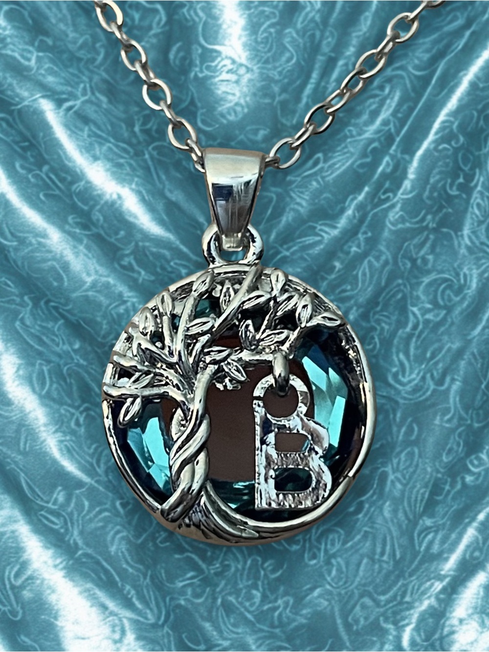 WOMEN'S New Silver Tree of Life Initial B Pendant Blue Jewel Tone Chain & Cord